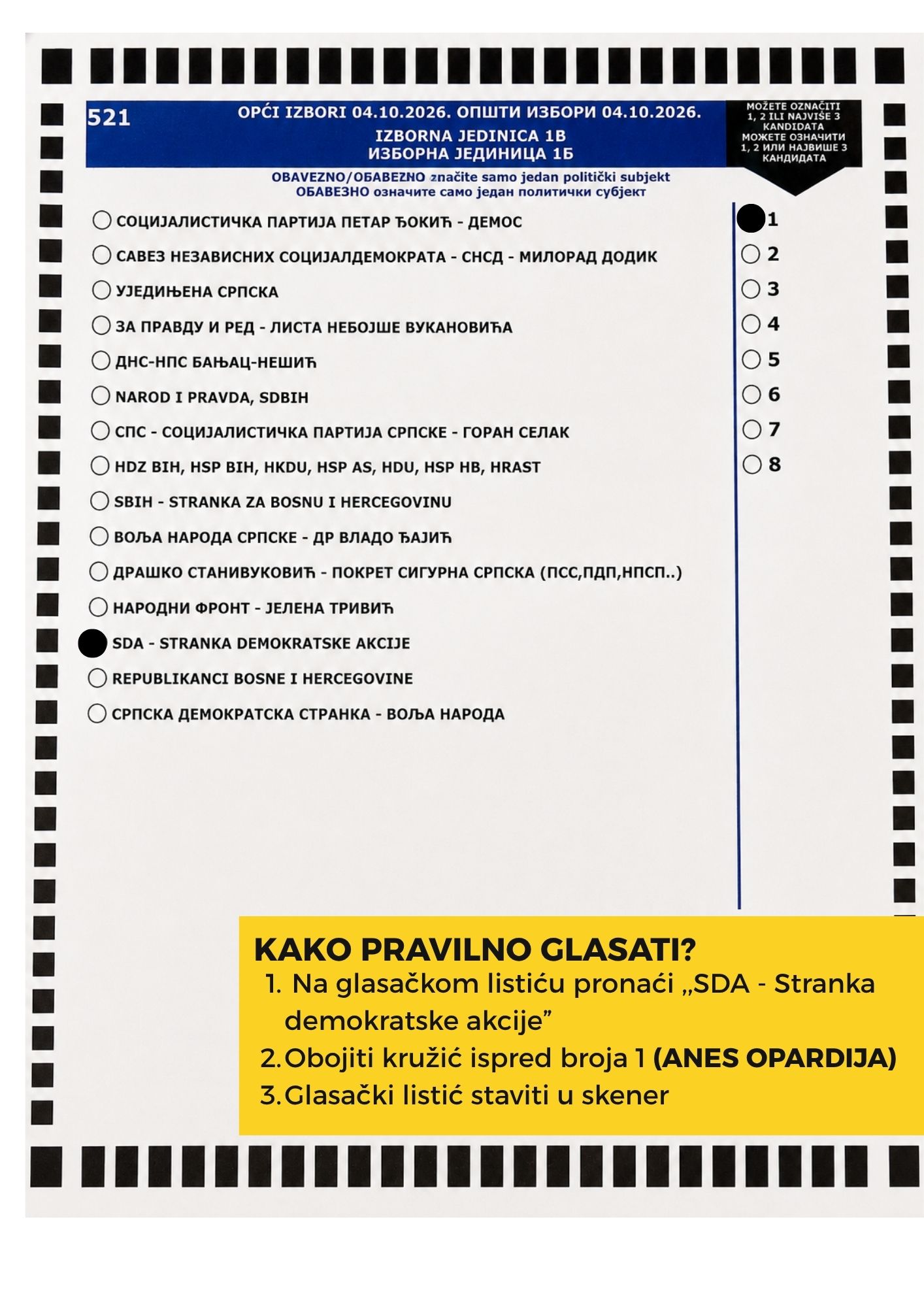 Informativni vizual za glasanje za Anesa Opardiju i SDA